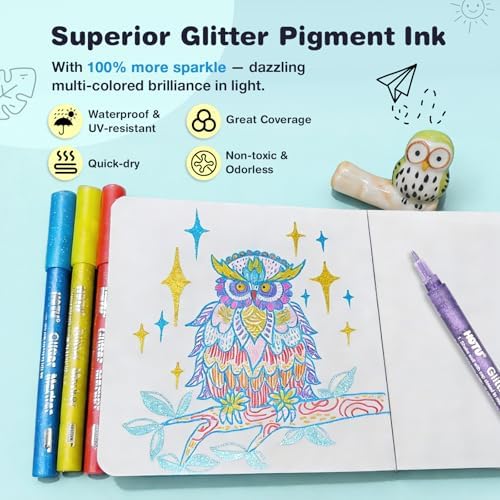 HOTU Glitter Marker Pens, 8 Pack, Assorted Sparkly Colors, 0.7mm Fine Tip