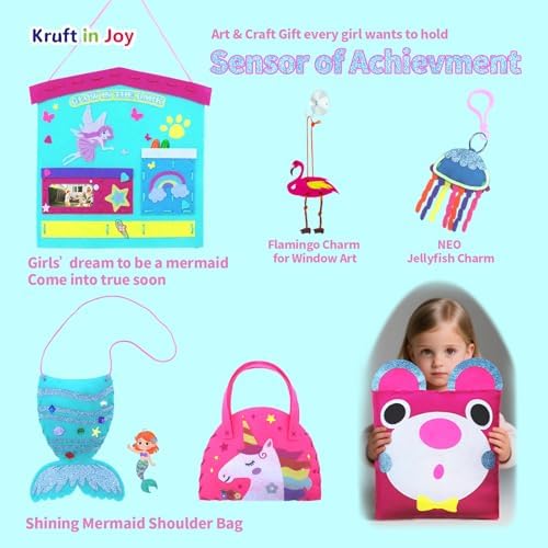 Kruft in Joy My First Sewing Kit Fun Felt Craft for Kids-8 Easy DIY Project twiggle Stuffed Animal Doll Plush Pillow Bag Charms Unicorn Mermaid Bear Fox Owl,Learn to Sew Embroidery Gift for Girl 5 12