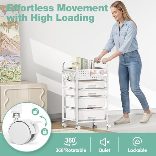 5 Drawer Rolling Storage Cart with Pegboard Top and Hooks, White