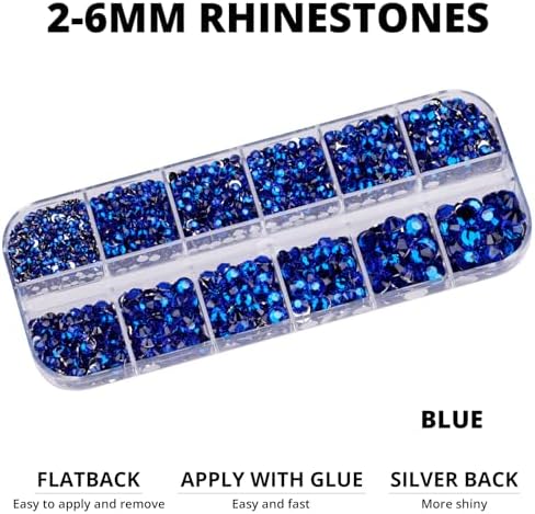 6500Pcs Royal Blue Rhinestones for Bedazzling, Bedazzler Kit with Flatback Craft Rhinestones Bulk and B7000 Glue, 2,3,4,5,6mm Resin Flat Back Crystals for Craftings, Clothes, Nails