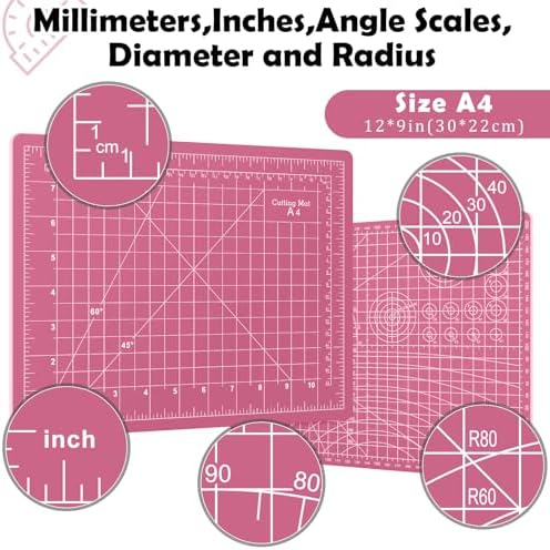 Sewing Cutting Mat 12in x 9in,Small Self Healing Cutting Board A4 Rotary Cutting Mat for Crafts Pink Double Sided Thickened PVC Craft Cutting Board for Quilting Hobby Fabric Precision
