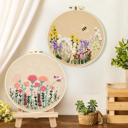 Flowers Embroidery Kits for Beginners Adults, Floral Hand Embroidery Set Needlepoint Kits, Stamped Cross Stitch Kits for Beginners Adults, 2 Embroidery Hoops, Fabric, Thread (Attached Video Tutorial)