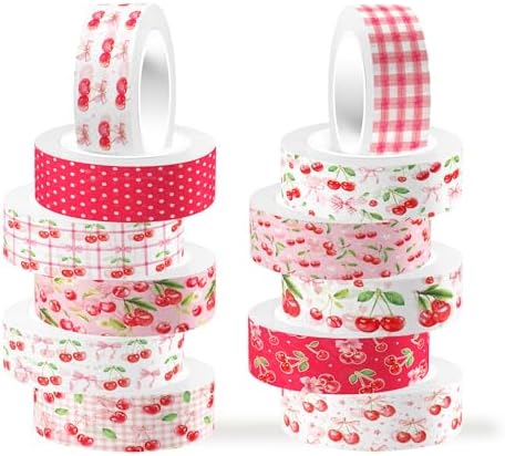 12 Rolls Cherry Washi Tape Set Pink Bow Themed Decorative Masking Tape for DIY Crafts, Scrapbooking & Gift Wrapping