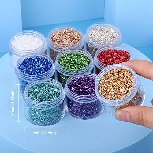 9 Box Broken Crushed Glass Glitter, 6.4oz/180g Irregular Shards Metallic Crystal Chips 2-4mm Chunky Flakes Sequins Gravel for Epoxy Resin Craft Supplies Nail Art DIY