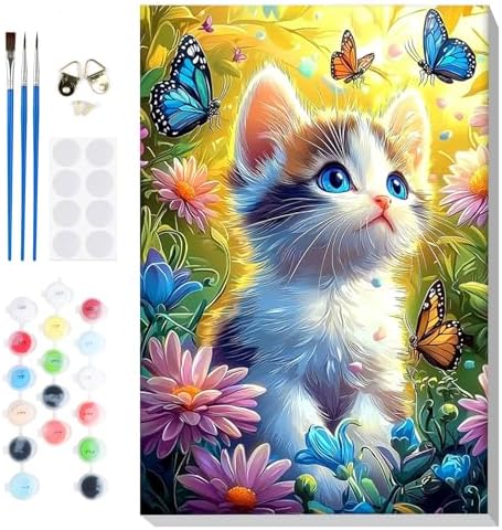 Bowetile Framed Paint by Numbers Cat for Adults Beginners, Adults' Paint-by-Number Cat Kits, Easy Adult Paint by Number Kits on Canvas, Acrylic Animals Number Painting for Home Decor, 8x12in