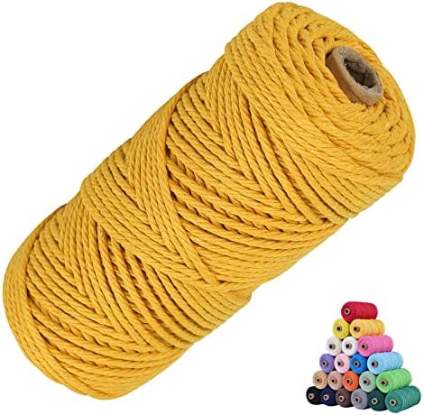 Macrame Cotton Cord 3mm x 109Yards, Yellow Natural Macrame Rope, Perfect Macrame Supplies Cotton Cord for Macrame Plant Hangers DIY Crafts (Yellow, 3mm*109Yards)