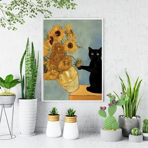 VeGuude Cat Diamond Art Kits for Adults, Full Drill Van Gogh Sunflowers Diamond Painting Kits for Beginners, DIY Full Rhinestone 5D Diamond dots (Gemstone Craft), Home Wall Decoration (12x16 inch)