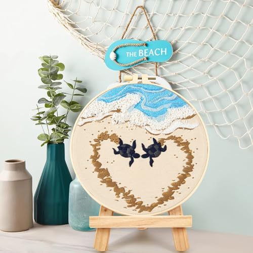 Crafmanoe Beach Embroidery Kits for Beginners Adults, Coastal Stamped Cross Stitch Kits for Beginners Adults, Hand Embroidery Needlepoint Starter Kits, Valentine's Day Gift for Women (Video Tutorial)