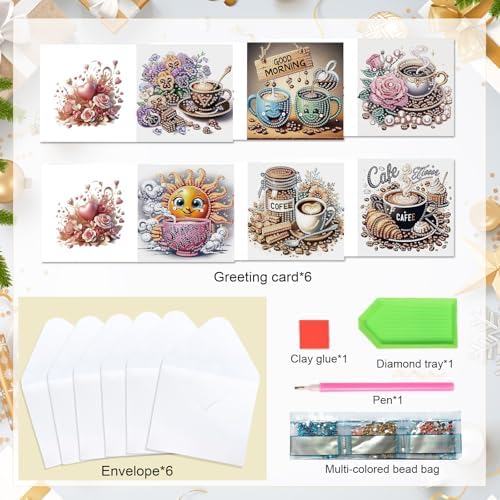 AiYuanzsh 6 Packs Diamond Art Painting Greeting Card Kits with Laser Effect Special Shaped Diamond Art Greeting Cards Arts Crafts for Christmas Birthday Thanksgiving Day Holiday (Coffee, 30x15cm)