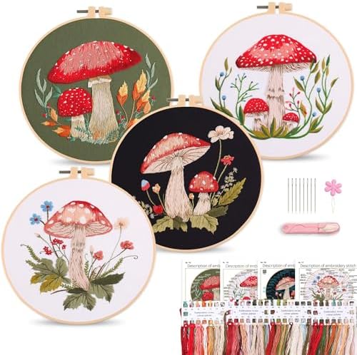 Harimau Adult Beginner Embroidery Starter Kit, Complete Set with 4 Patterns, 2 Hoops, Needles, Scissors, Instruction Guide & Stitching Video Tutorials