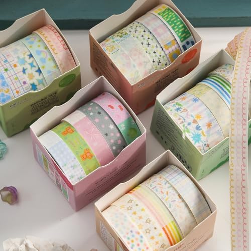 Cute Pattern Washi Tape Set 5 Rolls Glitter Cover Decorative Wide Kawaii Masking Tapes for Arts, DIY Crafts, Journals, Planners, Scrapbook, Wrapping (10 Doodle Mix)