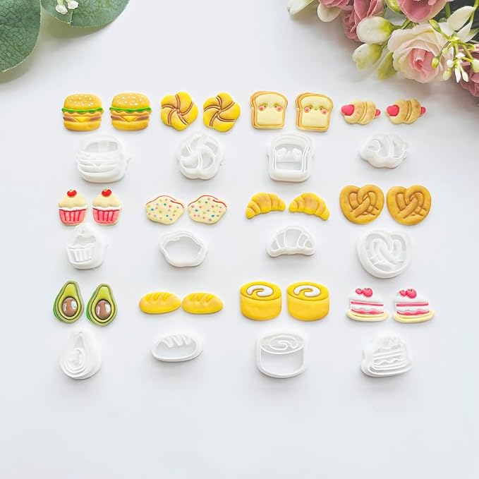 Xaekicr Bakery & Food Theme Polymer Clay Cutters Set - 12pcs Miniature Shapes Including Croissant, Burger, Avocado, Cupcake, Bread & Toast for DIY Earring Jewelry, Soft Clay Crafts & Scrapbooking