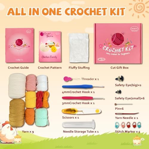 SGIBYN Crochet Kit for Beginners, Chicken Animals Amigurumi Set with Video