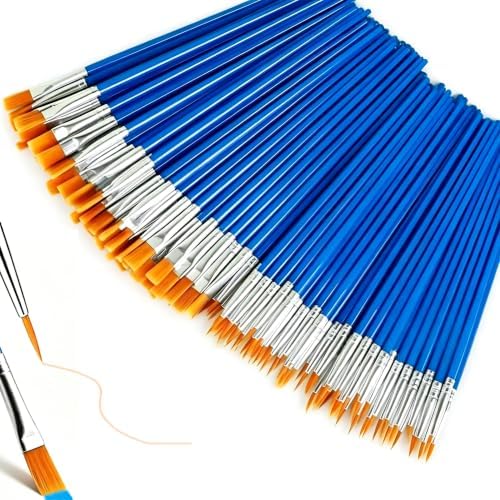 200 Pcs Paint Brushes Bulk, 100 Flat & 100 Tip Round Acrylic Paint Brushes for Kids Classroom, Watercolor Oil Face Art Epoxy Small Painting Brushes, Canvas Paintbrush for Adults Artists Beginners