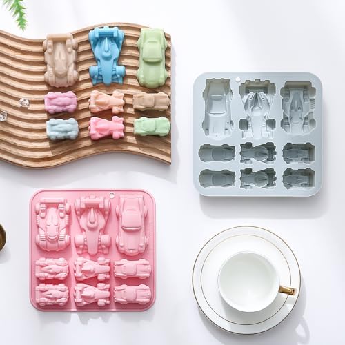 2 Pack Racing Car Chocolate Silicone Molds, 9-Cavity 3 Styles Racing Car Shape Tray for Cake, Pudding, Gummy, Jello, Resin, Ice Cube, Biscuits and Cake Decorating, DIY Crafts