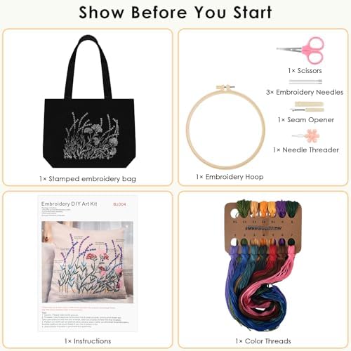 ERKOON Canvas Tote Bag Embroidery Kit for Beginners, Floral Arts Crafts Cross Stitch Kits for Adults Including Stamped Embroidery Bag with Hoops, Needle, Instruction and Color Threads (Lavender)