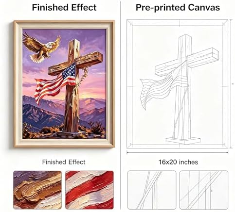 Paint by Numbers Kit for Adults - Cross & Eagle Mountain Sunset, DIY Paint by Number, Patriotic Themed Oil Painting Canvas, Paint by Numbers for Adults, Home Wall Decor