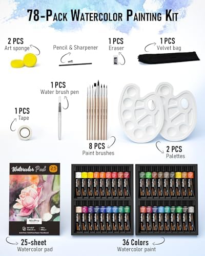 Nicpro 36 Colors Watercolor Paint Set (12ml/0.4oz Tube) for Adults, Artist