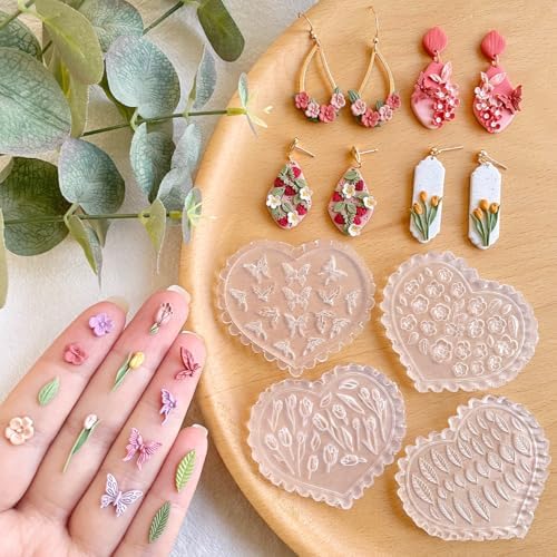 KEOKER Spring Polymer Clay Molds, Polymer Clay Silicone Molds, Flower Polymer Clay Mini Molds, 4pcs Earring Molds for Polymer Clay, Polymer Clay Molds for Jewelry(Substitute Micro Clay Cutters)