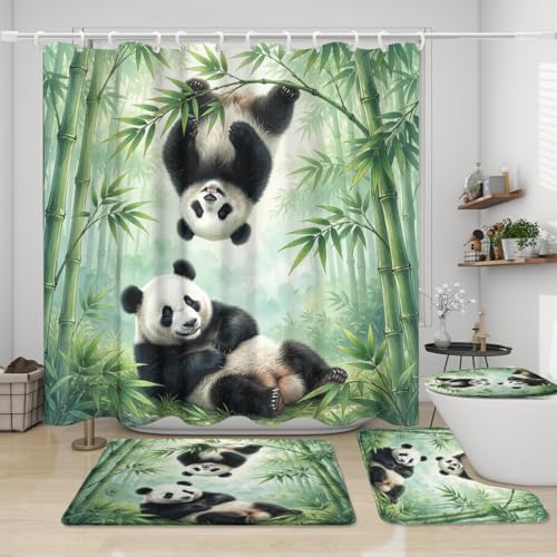 Oil Painting Animal Panda 4Pcs Shower Curtain Sets,Watercolor Spring Forest Bamboo Trees Bathroom Decor Set,Funny Cute Panda Bears Toilet Lid Rug, Bath Mat and Contour Mat