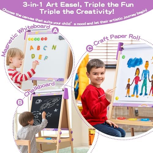 Purple Kids Art Easel Set, Wooden 3-in-1 Magnetic Whiteboard & Chalkboard