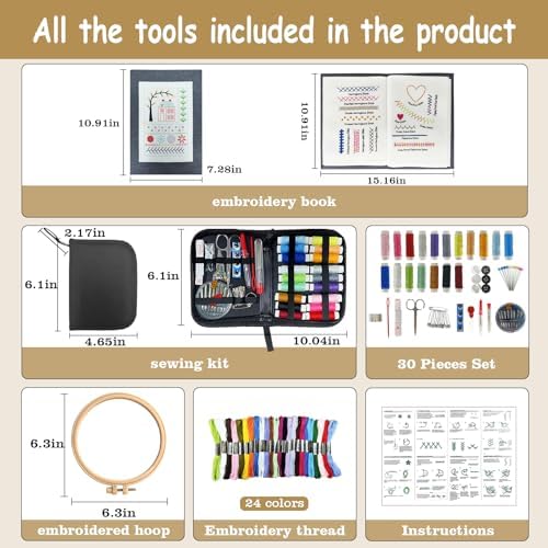 Embroidery Stitch Book Kit for Adults & DIY Craft Enthusiasts, Portable Embroidery Kit for Beginners, Includes Guide to 106 Patterns with Tools & Tutorials and 86-Piece Sewing Tool Set (1 Kit)