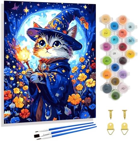 Yunnuo Cat Paint by Numbers Kit for Adults Beginner,Adult Paint by Number Kits on Canvas,Magic Cat and Flowers Paint-by-number Kits with Acrylic Paint & Brush,Great Choice for Decor and Gift(16x20 in)