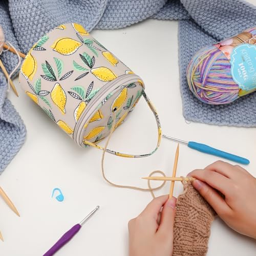 Mini Yarn Storage Small Size Yarn Bag for Crocheting with Holes,Empty Round Knitting Tote Bags protable Yarn Holder,Perfect for Travel,Beginner & Crocheter(Yellow Lemon)