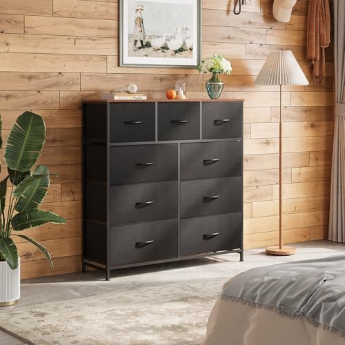 WLIVE Tall Dresser for Bedroom, 9 Drawer Dresser, Black and Rustic Brown | 9 roomy fabric drawers, Tall storage design, Bedroom or closet use, Chest of drawers, Smooth wood tabletop