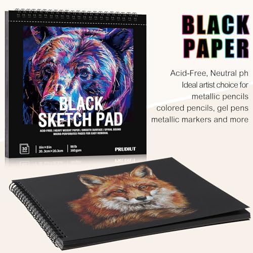 Black Paper Sketchbook 8 × 8 in, 30 Sheets, 160gsm Spiral Bound Drawing Pad | Acid-Free 98Lb Black Paper, Top Spiral, Tear-Off Pages, Hardcover, for Colored Pencil, Chalk & Metallic Markers