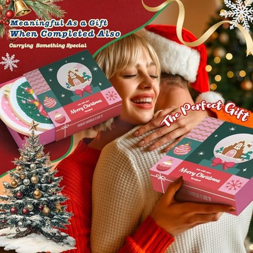 yuegool 2PCS Christmas Punch Needle Decoration Kit,Easy DIY Punch Needle Embroidery Kit for Beginners Adults Kids Including Patterns, Tools, Yarns, Hoop, Instruction, Bracket Art Craft Supplies