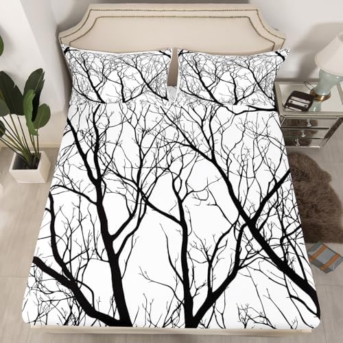Manfei Tree Branch Sheet Set Rustic Style Plant Bedding Set Trees Abstract Bed Sheets Teens Room Decor Gray White Black (Twin Flat & Fitted Sheet with 1 Pillow Case)