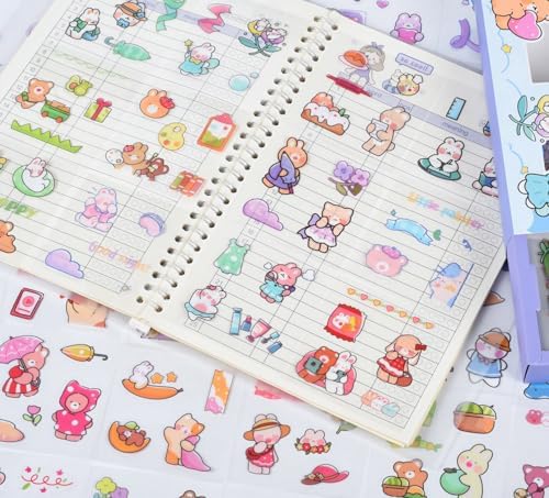 Kawaii Cute Journaling Scrapbook Stickers - 100 Sheets Cartoon Transparent Sticker for Junk Journal Stationary Planner Album Calendars Supplies Notebook DIY Craft Decor