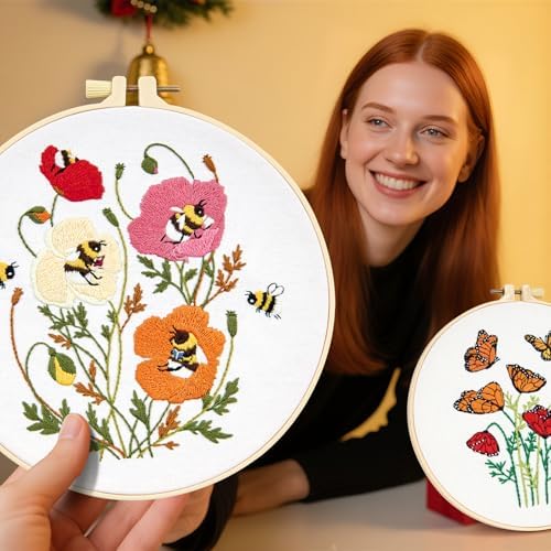 Flowers Embroidery Kits for Beginners Adults, Butterfly Hand Embroidery Starter Kits, Bee Cross Stitch Kits for Beginner Needlepoint DIY Kits for Adult, 2 Set Embroidery Hoops, Thread & Video Tutorial