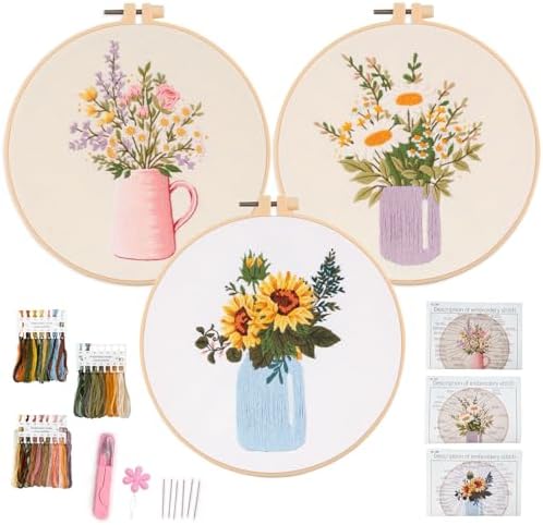 Myfelicity Embroidery kit,Floral Embroidery Art Kit, Set of 3, Decorative Pitcher Designs with Sunflowers and Wildflowers