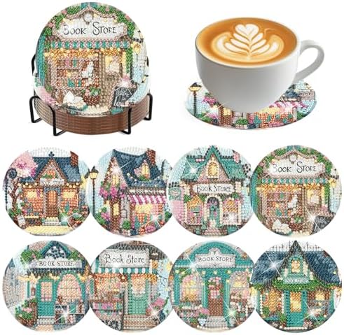 ijbnhd Diamond Art Coasters Kits, 8 Pcs, Book Store, 4x4 inch