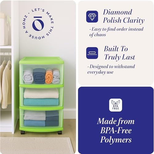 HOMZ Drawer Tower, 3-Tier Storage Cart with Removable Wheels, Bold Lime