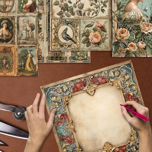 48 Sheets Vintage Baroque Scrapbook Paper,Vintage Pattern Decorative Scrapbook for Junk Journals DIY Cards and Photo Albums, Aesthetic Craft Supplies
