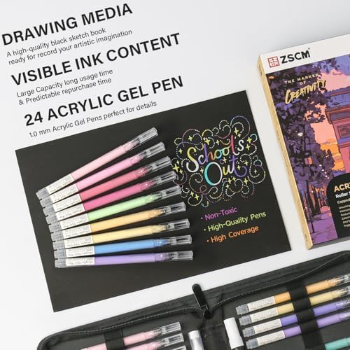 ZSCM 24 Colors 3D Acrylic Gel Pens & Black Paper Sketchbook for Drawing
