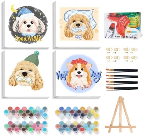 4 Pack Framed Paint by Numbers Kit for Adults Beginner with Wooden Easel, Funny Dog Easy Paint by Numbers with Frame, DIY Cute Animal Number Painting for Adults Canvas for Home Decor Gift 10x10 Inch