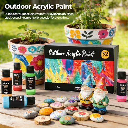 Nicpro 32 Colors Outdoor Acrylic Paint Set, 2oz Waterproof Acrylic Paints | Rich Pigmented Outdoor Paint for Beginners Artists on Rocks, Wood, Garden Statues, Crafts, Pumpkin, with 3 Brushes & Sponge