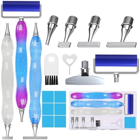 ZYNYXY 17PCS Ergonomic Diamond Art Pen Kits, with Multifunctional Metal Stainless Steel Screw Thin 1, 3, 6, 9, Tips, Correction Placers Roller Accessories(E-BluePurple+Blue+White+ 5 PCS Tips)
