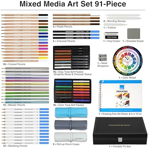 COLOUR BLOCK 91-Piece Sketching & Drawing Art Set with PU Carrying Case - Colored, Metallic, Charcoal, Pastel Pencils, Soft Pastels, Charcoal & Graphite Sticks, Sketchbook, Tools for Teens, Adults