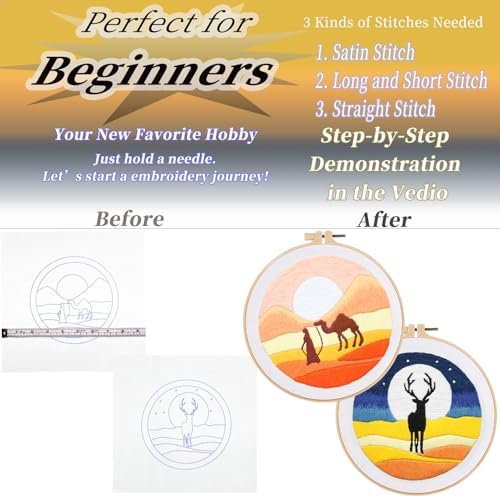 2 Set Embroidery Kit DIY for Adult Beginner, Pre-Stamped Patterns Mountain Sea Embroidery Kits with Hoop, Colored Threads and Needles, Easy to Follow Needlework (Yellow)
