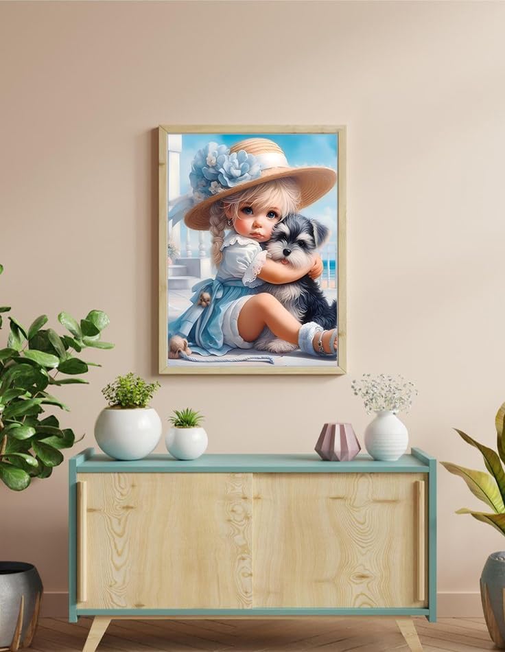 GEWOUVIN Girl and Dog Diamond Art Kits for Adults,Diamond Painting Kits for Adults Beginners,Seaside DIY Full 5D Round Drill Gem Art Kits for Gift Home Wall Decor【11.8x15.7inch】