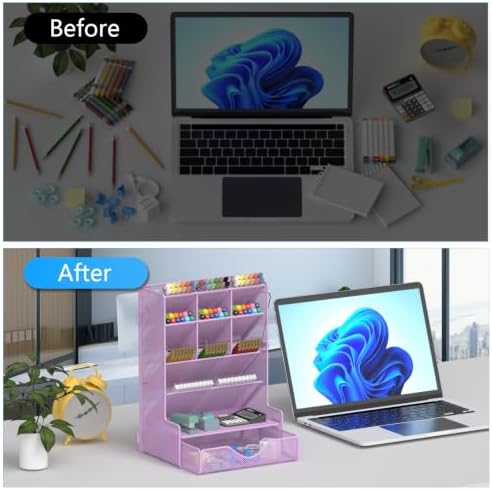 BOHDK Pen Organizer for Desk, Multi-Functional Desk Organizer, Wall Mount Pen Holder with Drawer for School, Office, Home, Art Supplies, Purple