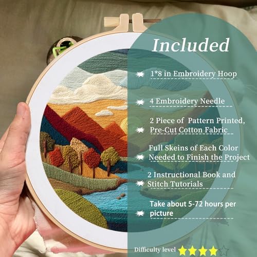FONNUY Embroidery Kit for Beginners, Brightly Colored Landscape Lake Pre-Stamped Pattern Kits for Adults with Hoop, Easy to Follow Color Thread Needlework, 8'' Hoop (SkyBlue)