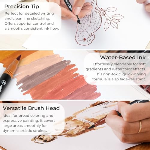 Brown Duo Tip Marker Pens, 12 Fine & Brush Tip Pen For Adult Coloring Books