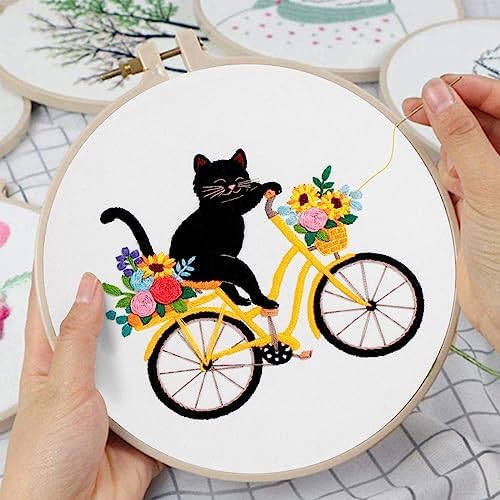 Louise Maelys Cat Bicycle Embroidery Kit for Beginners Floral DIY Craft