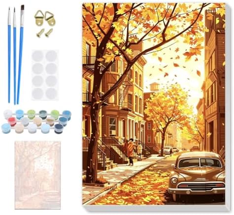 SENQAO City Paint by Numbers Kit for Adults Beginner, Fall City Street Adult Paint by Number Kits on Canvas, DIY Acrylic Oil Easy Painting by Numbers for Home Wall Decor 8X12 inch